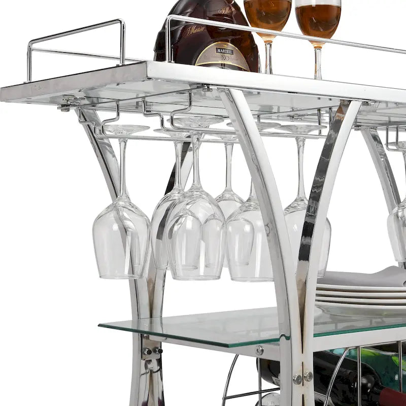 3-Tier Tempered Glass Rolling Bar Cart with Wine Rack and 16 Glass Holder