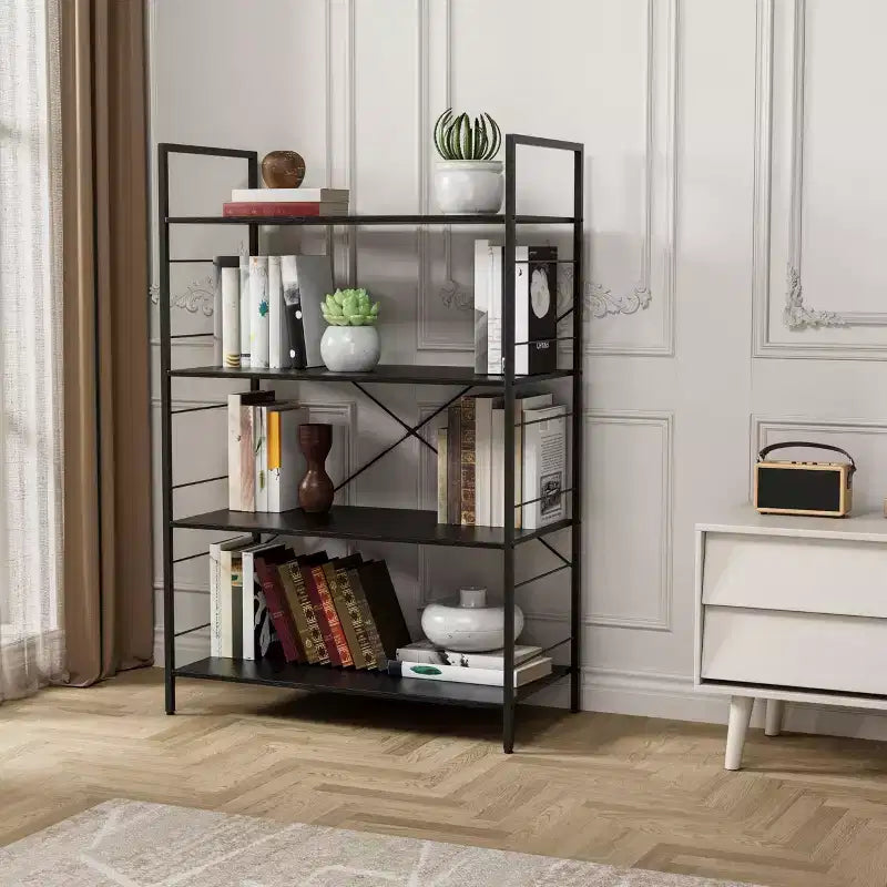 4 Tier Bookshelf, Metal Frame Bookcase, Industrial Wood Bookshelf Books Storage Rack Shelves for Home Office Living Room, 14D x 29.5W x 45H