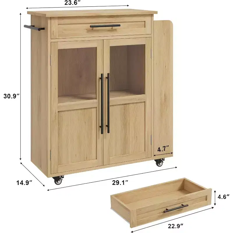24 Kitchen Island, Retro Kitchen Cart with Spice and Towel Rack, Island Table with Glass Cabinet Door, Wood Composite Board, for Kitchen