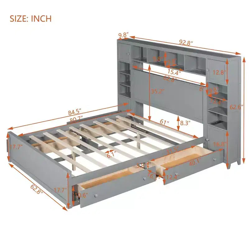 Queen Size Wooden Bed with Cabinet, Shelves and Built-In Outlets