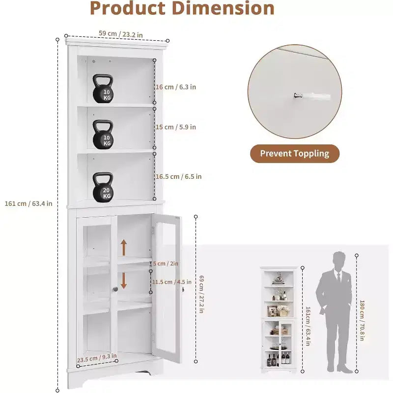 Corner Cabinet,65 Tall Modern Corner Bathroom Storage Cabinet with Glass Doors & Adjustable Shelves,5-Tier Display Cabinet,Home Space Saver