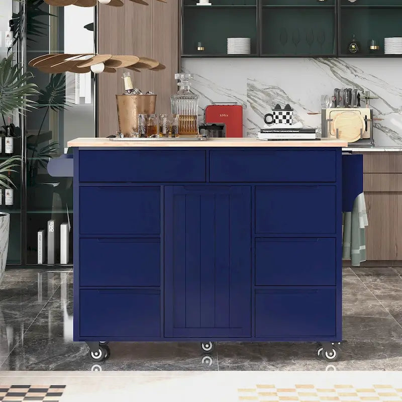 Rolling Kitchen Island Cart with 8 Handle-Free Drawers Rubberwood Top and Spice Rack