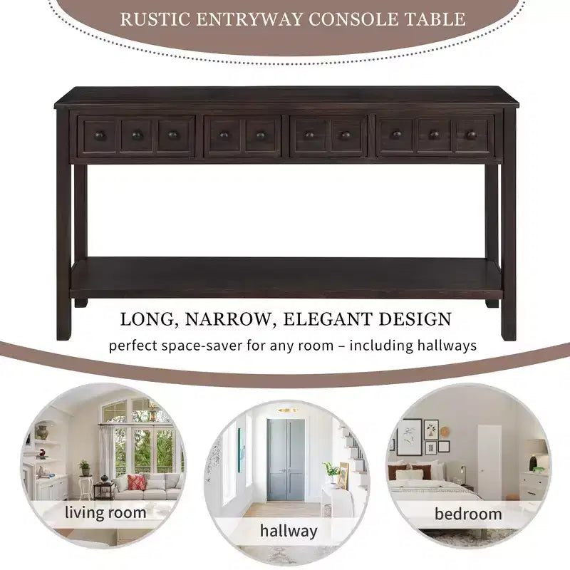 60 Rustic Console Table with 4 Drawers and Bottom Shelf, White