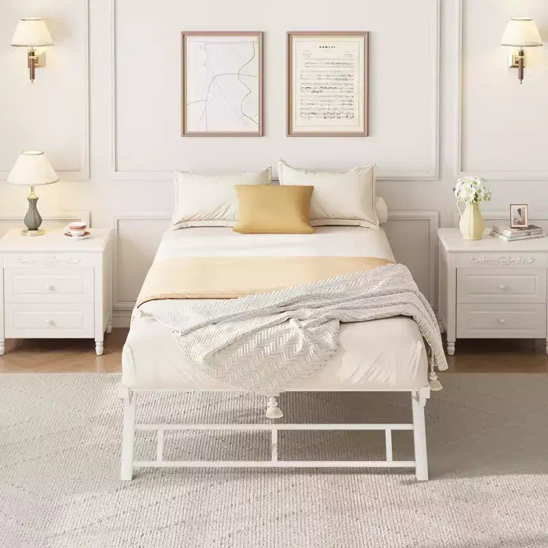 Pop-Up Trundle Bed Frame - Twin Size, Metal Slats, Lockable Casters, Noise-Free, White