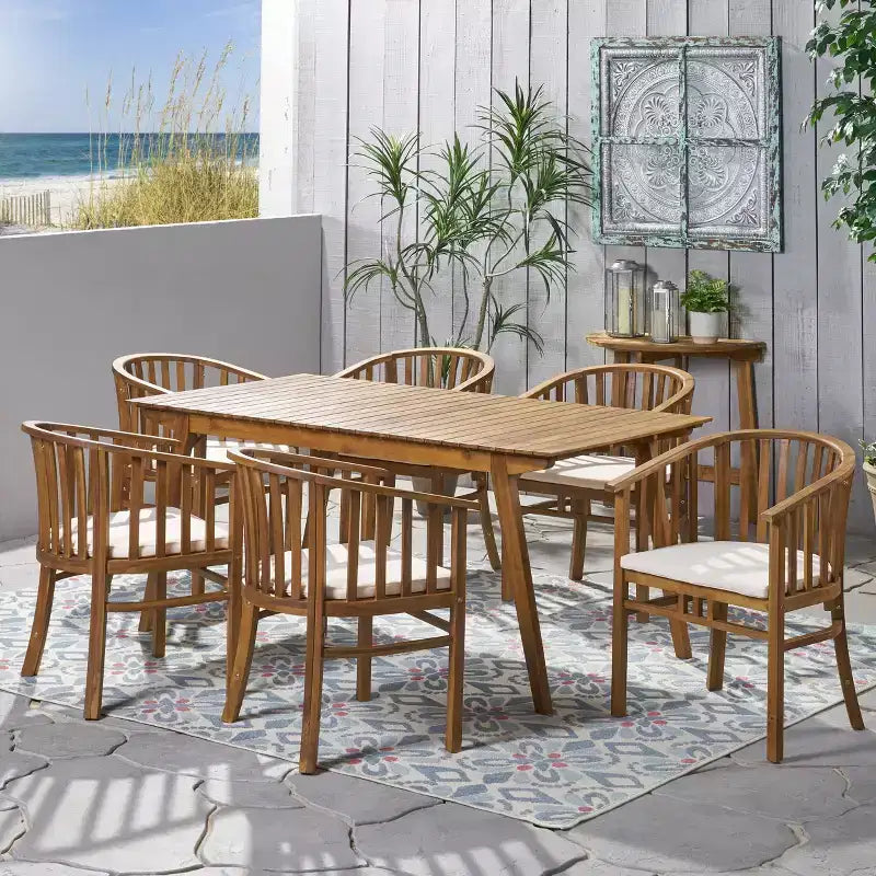 Christopher Knight Home Tamaron Outdoor Acacia Wood Expandable 7 Piece Dining Set with Cushion, Teak and Cream