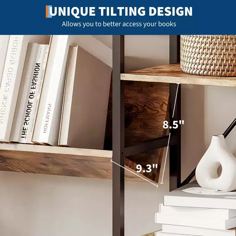4-Tier Industrial Bookshelf, Triple Column Open Display, 72.8W