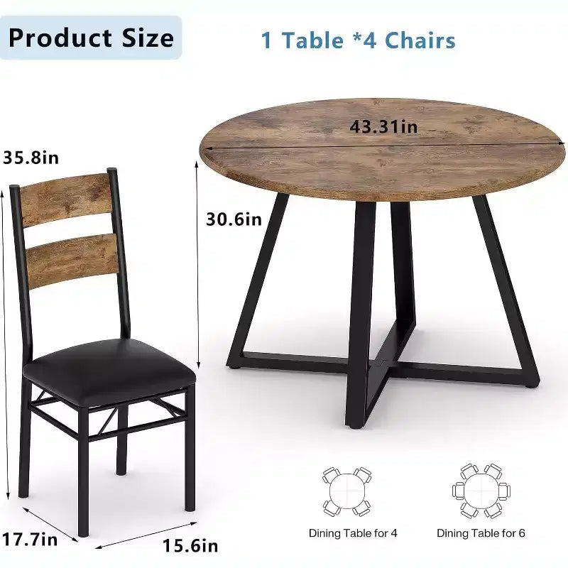 Acekool 43 Inch Round Dining Table Set for 4, 5 Piece Kitchen Table and Upholstered Chair Set, Space Saving