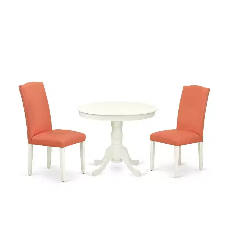 Round Dining Table Set - 36 Inch Table & 2 Chairs - Pink Flamingo & Linen White