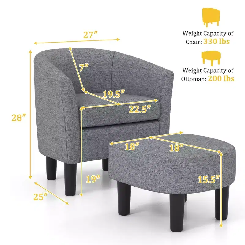 Costway Barrel Club Chair with Ottoman Set Footrest Curved Back & Removable Seat Cushion Grey/Beige