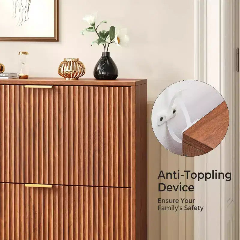 Fluted Shoe Storage Cabinet, Slim Hidden Shoe Rack Cabinet with 2 Flip Drawers & Bottom Open Shelf, Freestanding Entryway Organizer
