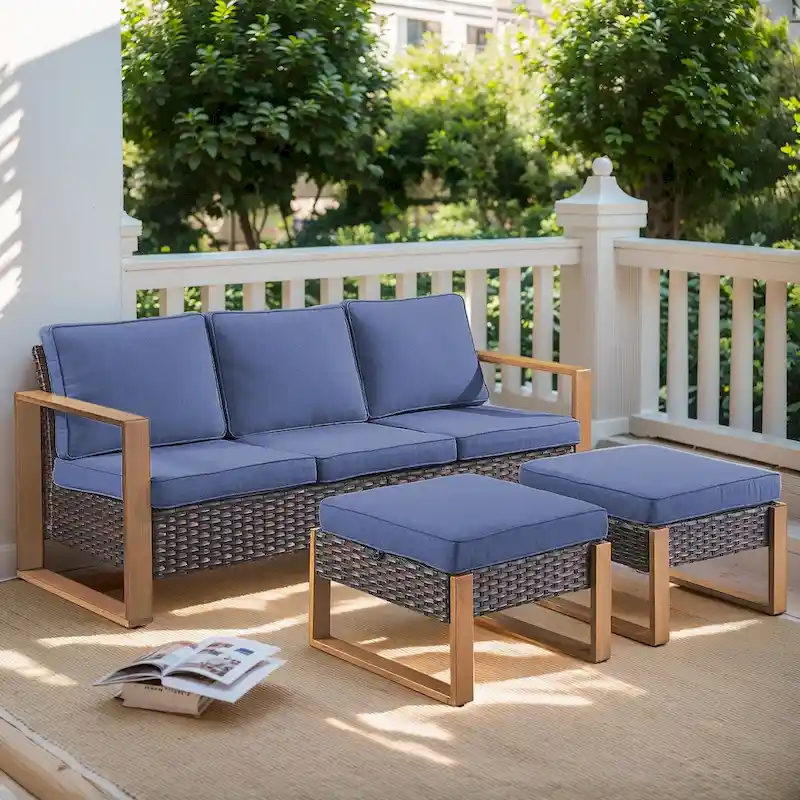 Gymojoy PE Wicker Patio Sofa Sectional Sofa with Ottoman - Brown