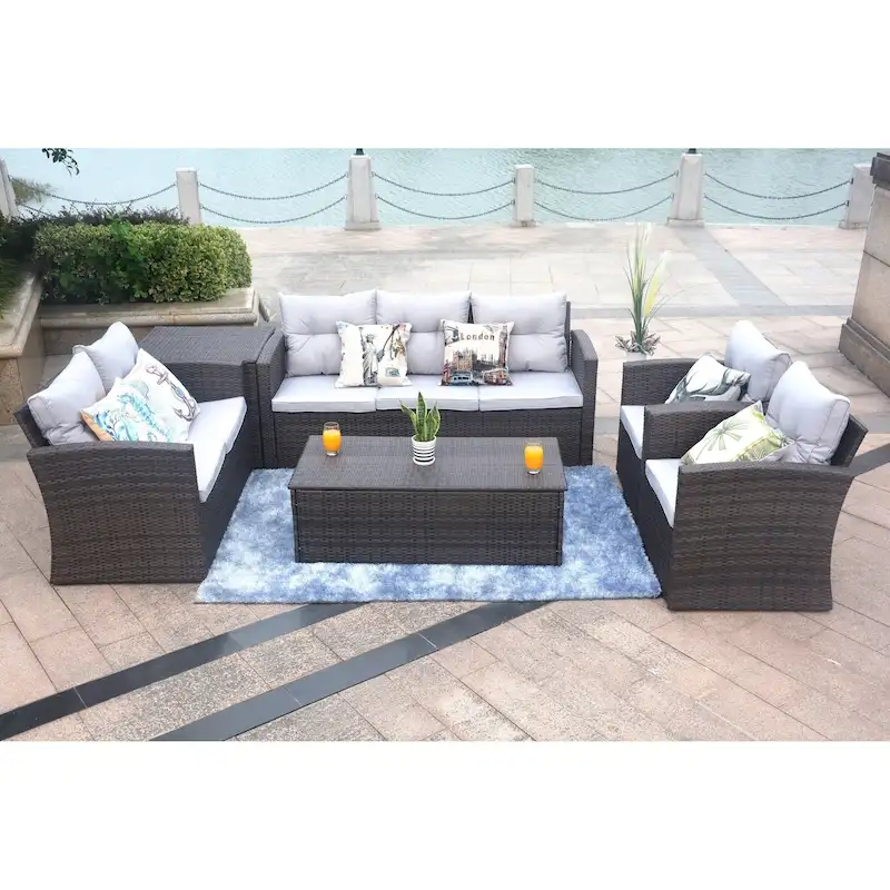 Moda 6 Pieces Wicker Sofa Set Outdoor Sectional Furniture(including a rain cover) - 9' x 12'