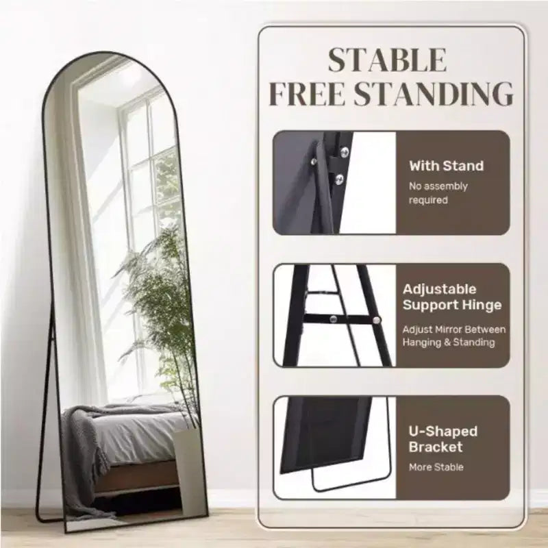 18 x 58 Full Length Arched Floor Mirror, Black/Gold-HOMLUX: Freestanding Design, Metal Frame