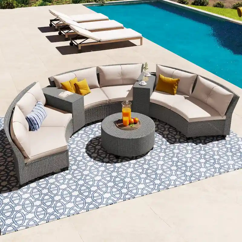 6 Pieces Outdoor Wicker Fan-shaped Patio Sectional Sofa with Cushions and Table