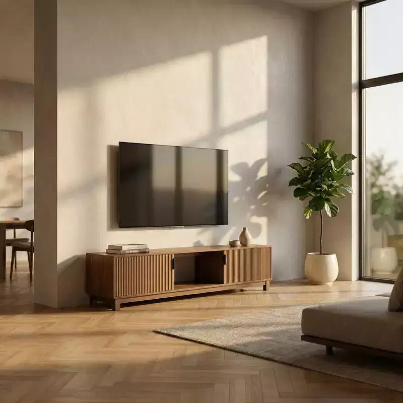 70 Fluted TV Stand in Walnut for TVs up to 75 - Mid-Century Modern Media Console with Hidden Storage, Adjustable Shelves and Cable Management