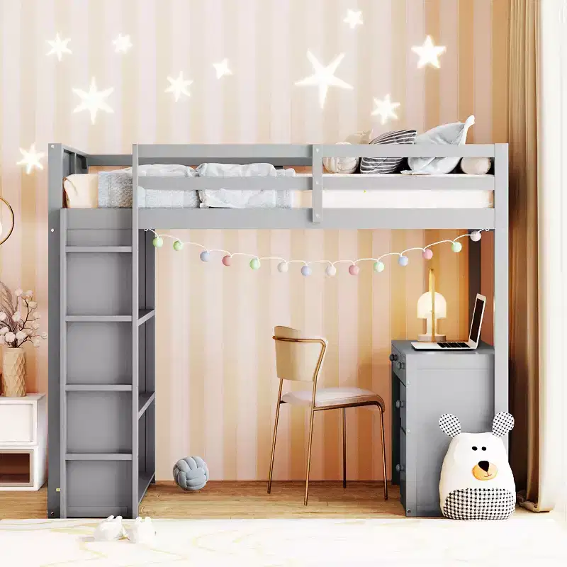 Twin/Full Size Loft Bed with Ladder, Shelves, Desk & Drawers