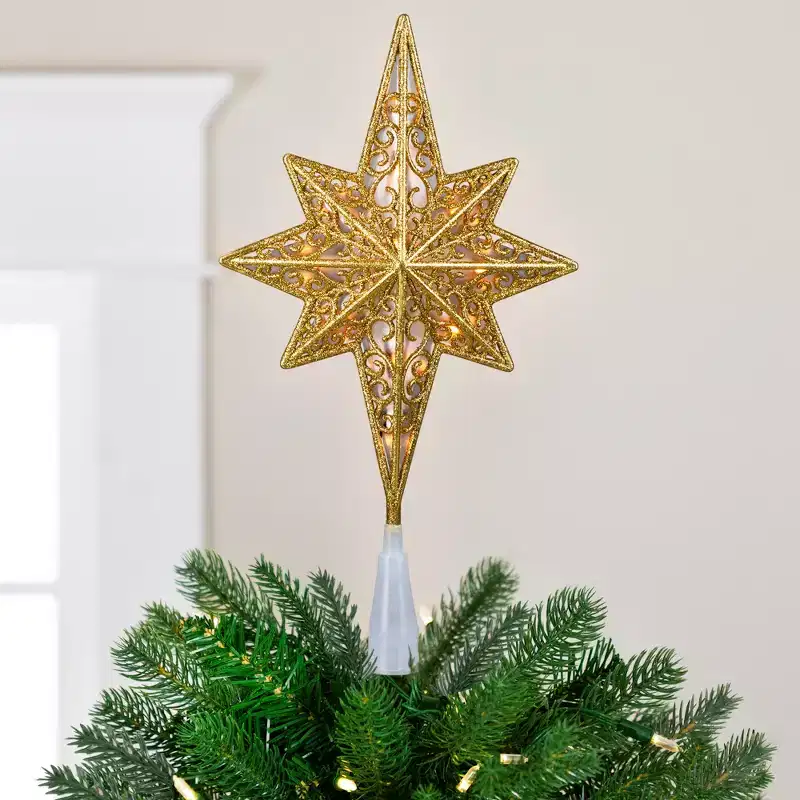 Northlight Lighted Frosted Clear and Gold Scroll Star of Bethlehem Christmas Tree Topper - 11 - Clear Lights