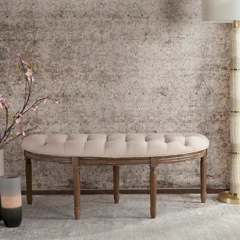 Rustic Semi-Circle Upholstered Bench with Wood Legs