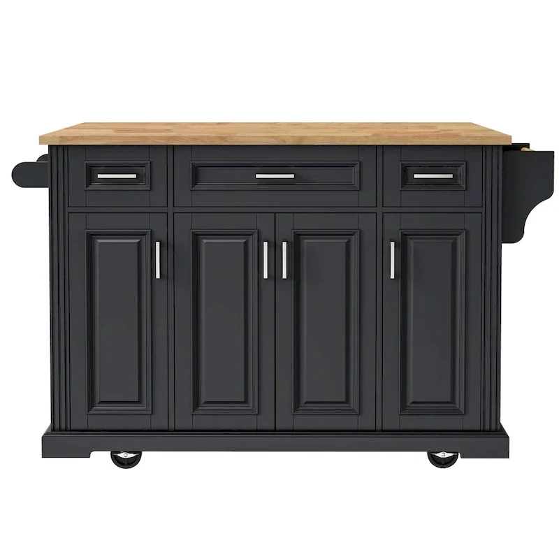 54  Large Kitchen Island with Rubber Wood Drop Leaf, Embossed Texture Rolling Kitchen Cart on 4 Wheels with 4 Doors & 3 Drawers