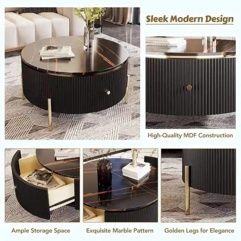 31.5 Modern Round Coffee Table with Large Drawer Storage