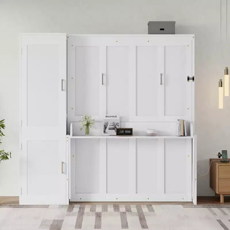 Queen Size Murphy Bed with Wardrobe & Desk, Space-Saving Hidden Wall Bed Frame with Charging Station, White - ModernLuxe
