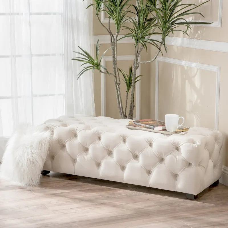 Tufted Velvet Ottoman Bench - Button Detail Upholstered Entryway Bench for Bedroom