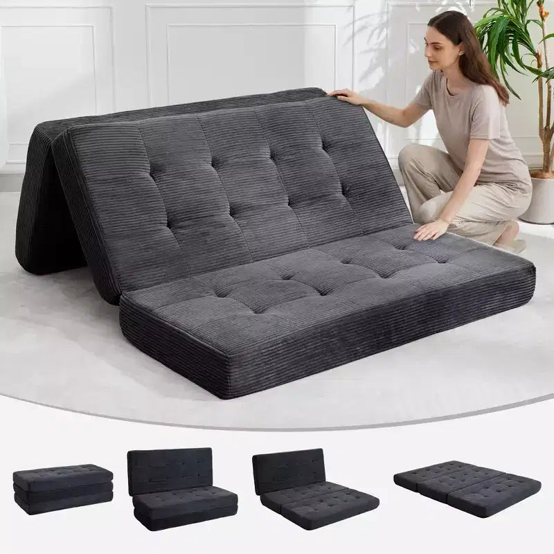 Black / Gray / Green Tri-Fold Floor Sofa Bed, 6 Tufted Mattress, 1-Person