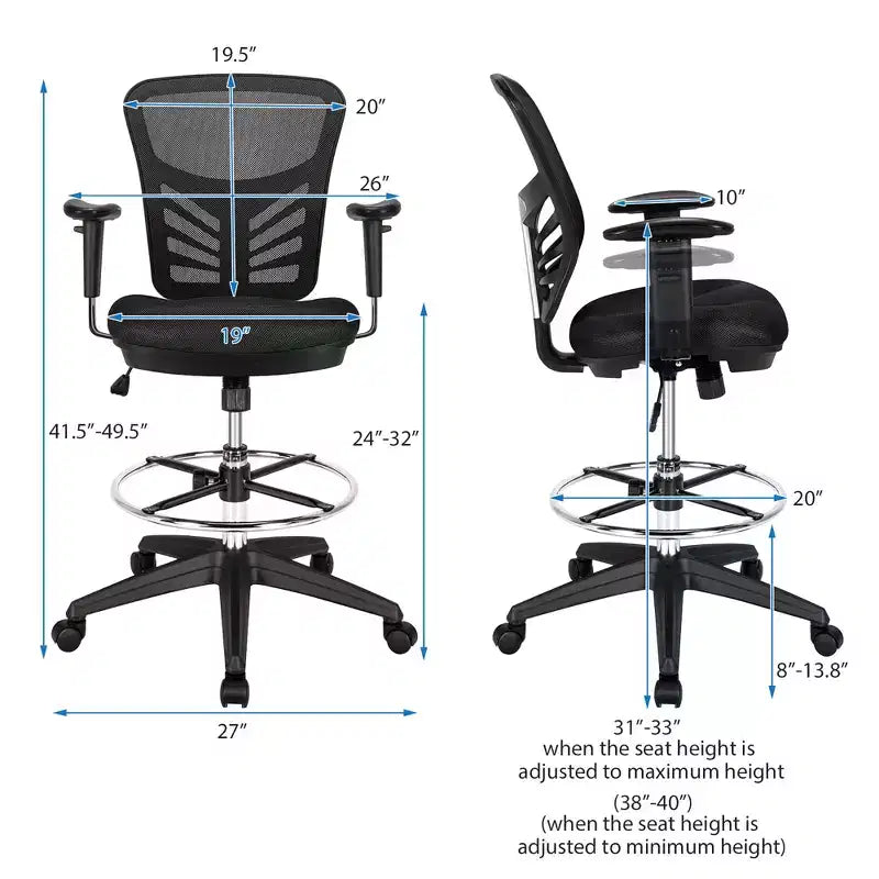 Mesh Drafting Chair with Adjustable Armrests & Foot-Ring