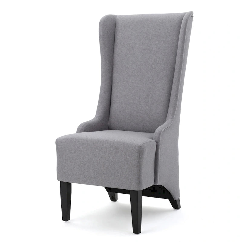 High Wingback Dining Chair, Brown Birch Wood, Light Gray Fabric