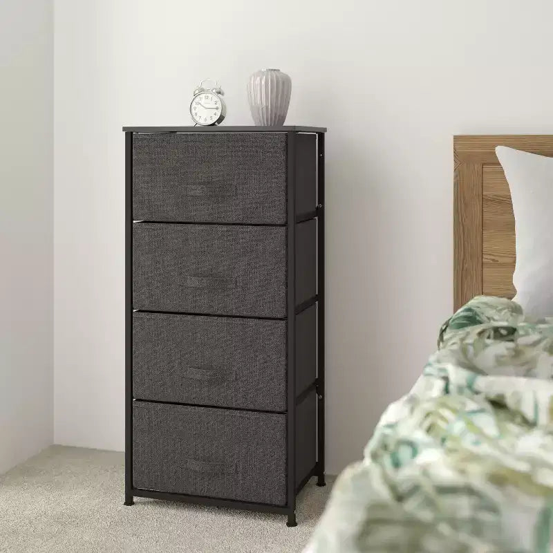 4-Drawer Vertical Storage Dresser, Wood Top with Cast Iron Frame and Fabric Drawers