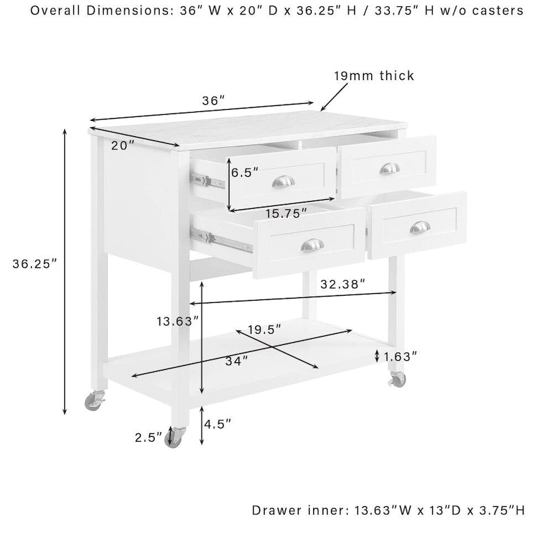 Modern Farmhouse Kitchen Island Cart with 4 Drawers Faux Marble Top and Casters