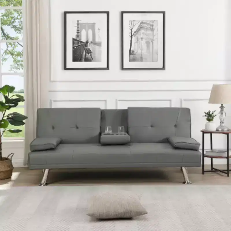 Sofa Bed with Armrest, Wood Frame, Two Holders, Stainless Steel Legs