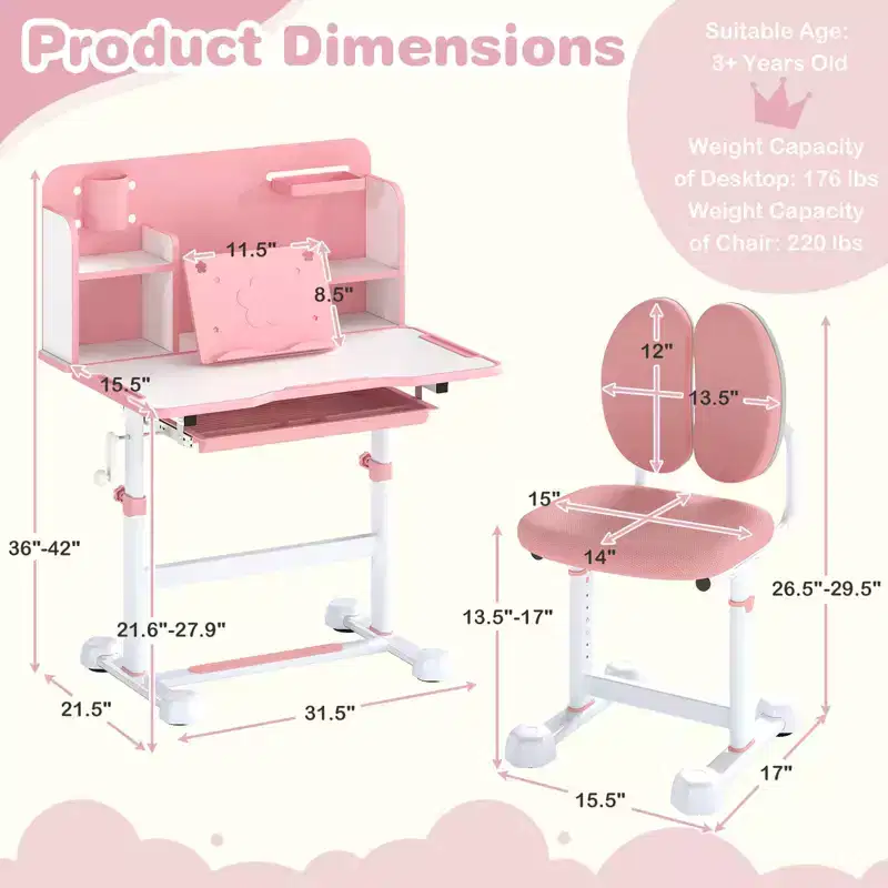 Costway Kids Study Desk & Chair Set with Tilt Desktop, Pen Holder & Tray, Reading Stand Blue/Gray
