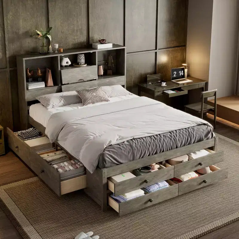 GDF Studio Barlow Platform Bed with Storage Headboard and 8 Drawers