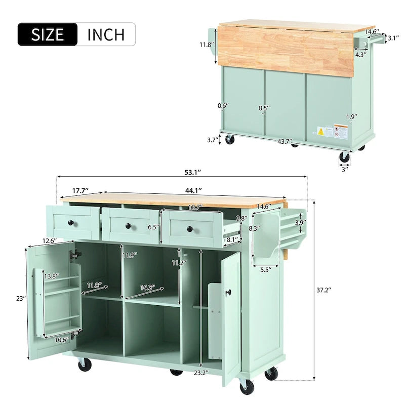 White Rolling Kitchen Island Cart with 5 Wheels Drop Leaf Rubberwood Top 3 Drawers and Spice Rack