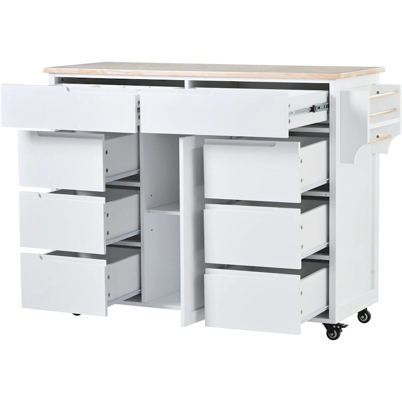 Rolling Kitchen Island Cart with 8 Handle-Free Drawers Rubberwood Top and Spice Rack