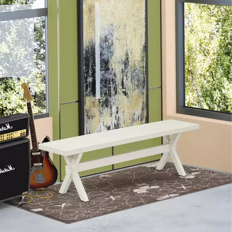 X-Style Modern Dining Room Bench with Wood Seat, 60 x 15 x 18, Pure White