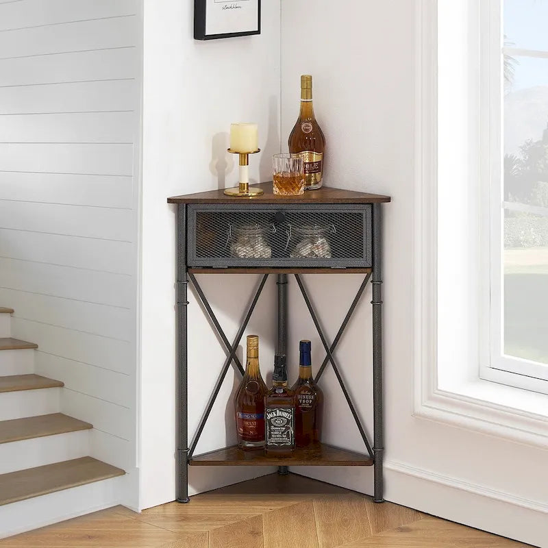Corner Table with Drawer and Storage Shelf, Triangle Freestanding Floor Cabinet for Kitchen, Living Room and Bedroom