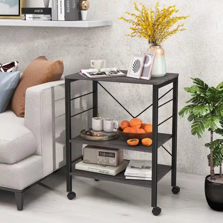 Rustic Brown 3-Tier Rolling Baker's Rack Microwave Cart with S-Hooks