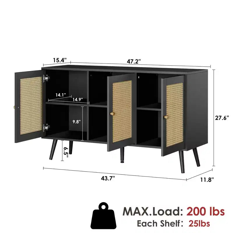 Set of 2 Modern Rattan Sideboard Buffet Cabinet  47.2 Farmhouse Credenza with Adjustable Shelves, Coffee Bar Storage Cabinet