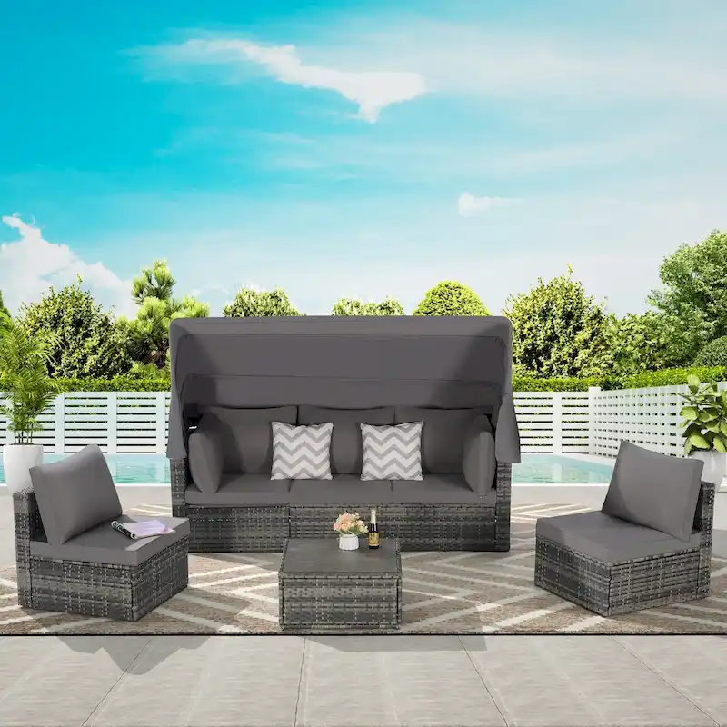 5 Piece Patio Wicker Furniture Sets, Outdoor Rattan Daybed with Retractable Canopy, Sectional Sofa Set with Adjustable Back