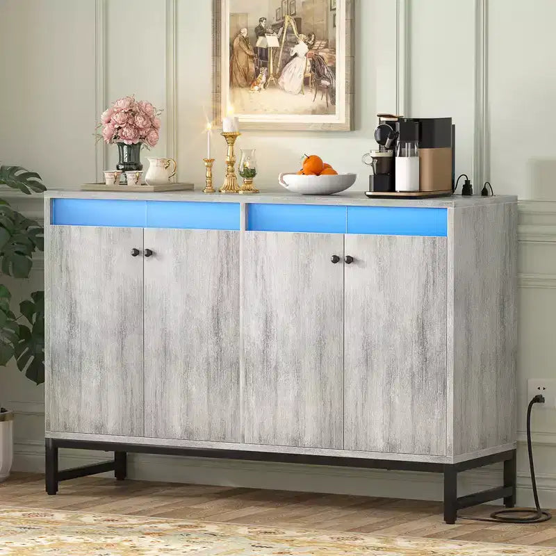 Storage Buffet Cabinet with Adjustable Shelves, LED Light, and Charging Station