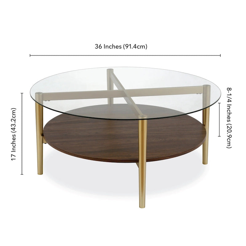 Round Mid-Century Modern Coffee Table with Tempered Glass Top