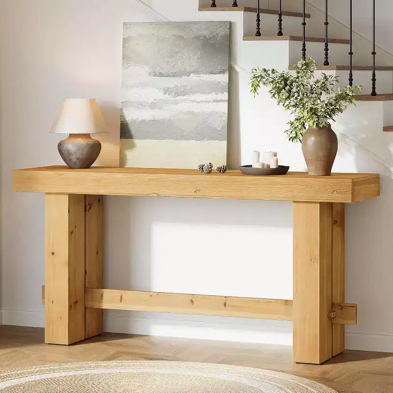 Lantine 63-Inch Solid Wood Console Table, Farmhouse Sofa Table with Storage for Living Room, Narrow Entryway and Hallway Accent Table, Natural Finish
