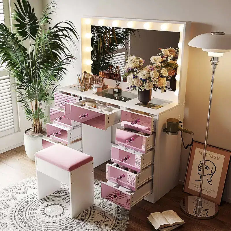 GDFStudio Madison Modern Wood Glass-Top Makeup Vanity Desk with Storage Stool, LED Lighted Mirror, 11-Drawer Storage and Charging Station