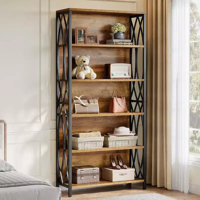 Lantine 70.87 Industrial Bookshelf, 6-Tier Bookcase with Geometric Metal Frame & Open Storage Shelves for Home Office, Living Room, Brown