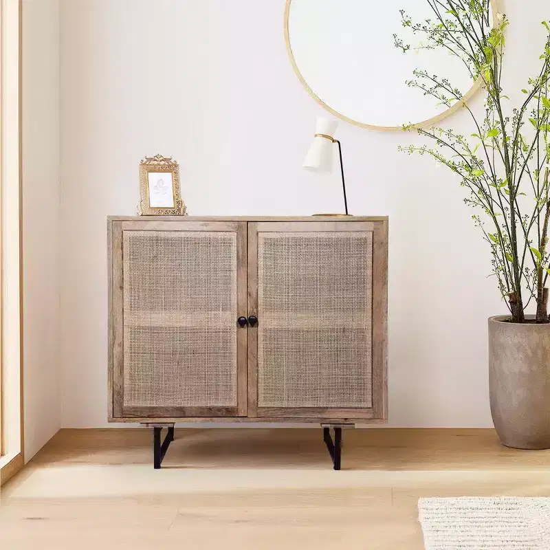 Royal Hampton 35 Inch Handcrafted Accent Cabinet with 2 Mesh Rattan Doors, Black Iron Legs, Mango Wood Frame
