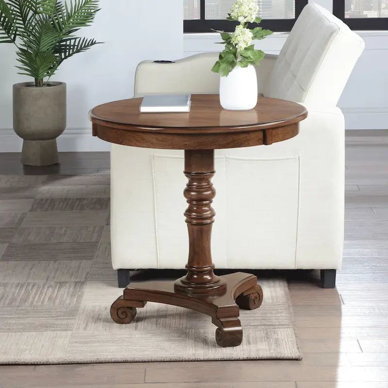 Traditional Turned Spindle End Table with Scroll Base