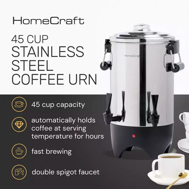 HomeCraft 45-Cup Coffee Urn and Hot Beverage Dispenser with Dripless Faucet, Quick-Brewing, Stainless Steel