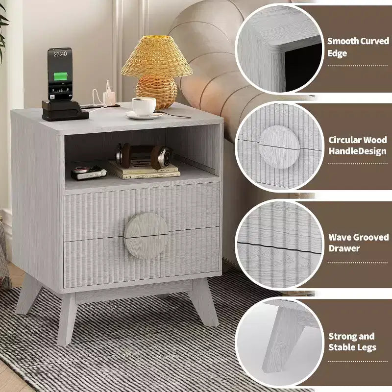 COZONY Modern Fluted Nightstand with Charging Station, Wood Bedside Table with Drawers & Storage Shelf for Living Room Bedroom